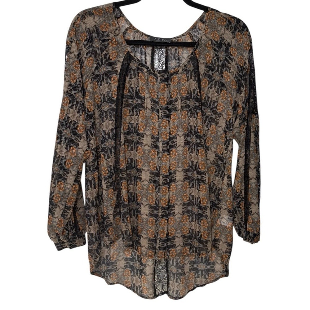 ASTR Sheer Lace Trim Floral Blouse Size Small Boho Peasant Pullover Lightweight‎